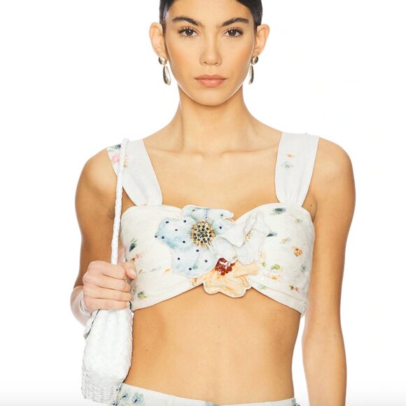 NEW LA FUORI Blossom Belle Pleated Crop Top Pink Multi Floral Bandeau Bralette